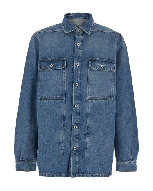 Rick Owens Blue Shirt With Classic Collar And Applied Chest Pockets for men