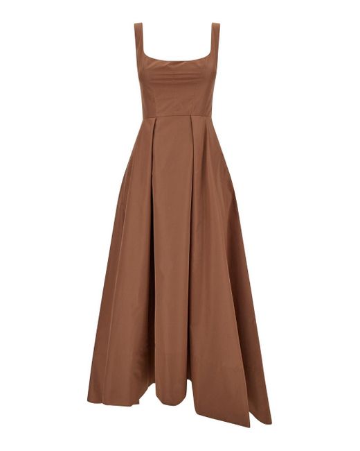 Pinko Brown Midi Sleeveless Dress With Square Neckline