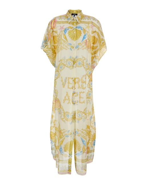 Abito Con Colletto A Punta E Stampa Underwater Barocco All-Ove di Versace in Metallic