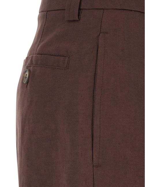 Le Plain Brown Linen Front Pleated Shorts For