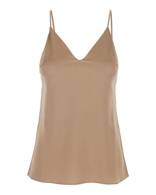 Brunello Cucinelli Natural Silk Blend Top With Spaghetti Straps And V Neck