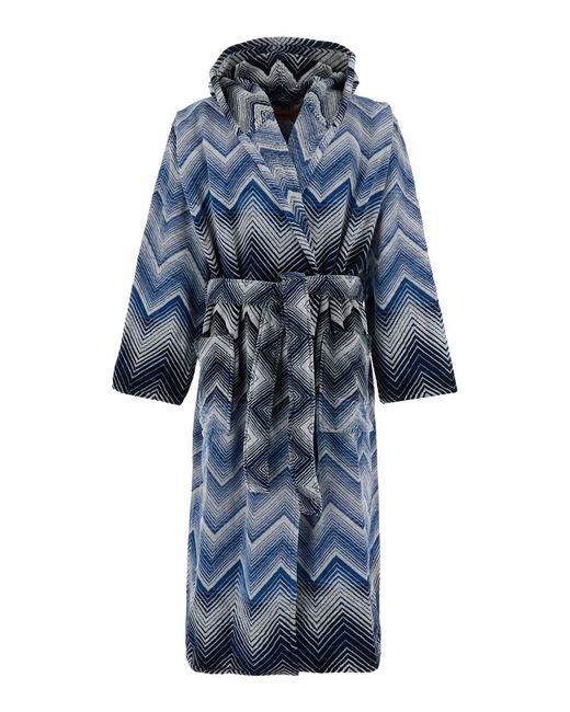 Missoni Blue Hooded Bathrobe With Zig Zag Design