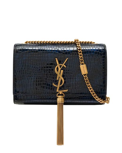 Saint Laurent Blue 'small Kate' E Shoulder Bag With Cassandre And Chain Tassel In Crocodile-embossed Shiny Leather Woman
