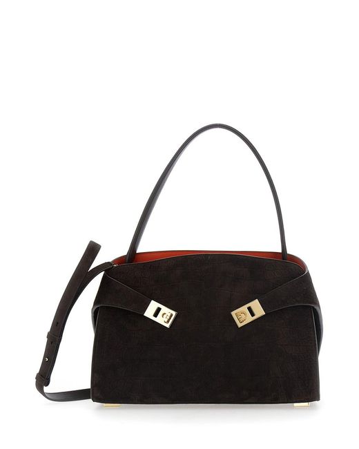 Ferragamo Black Crossbody Bag 'Hug Croco' With Adjustable Strap And Crocodil
