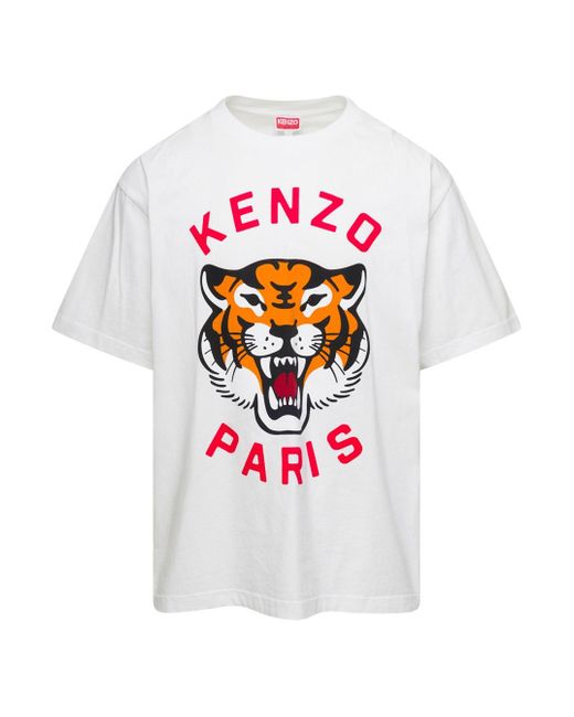T-Shirt Oversize Girocollo Con Stampa Logo Bianca di KENZO in White da Uomo