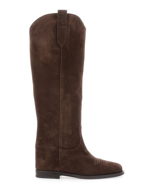 Via Roma 15 Brown Pointed Boots With Western-Style Shaft And Stitching