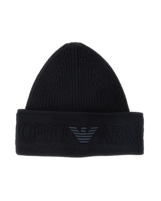 Emporio Armani Blue Beanie With Maxi Logo Embroidery On The Front for men