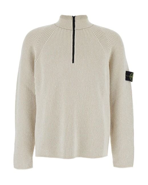 Stone Island White Sweater With Logo Patch On The Sleeve And Front Half Zip Closure for men