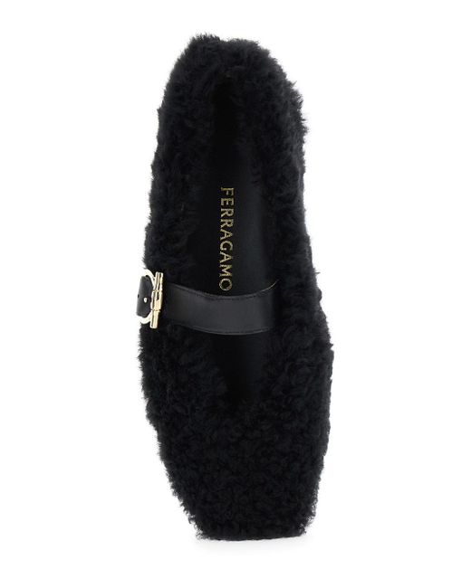 Ferragamo Black Ballerinas With Shearling Design And Buckle