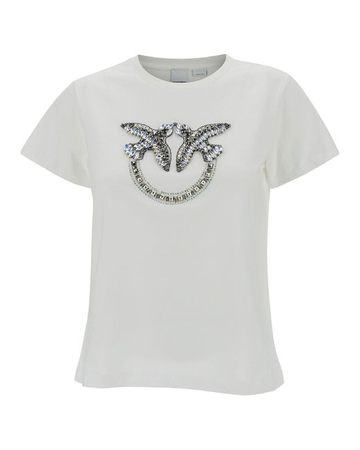Pinko Gray Crewneck T-Shirt With Rhinestone Love Birds