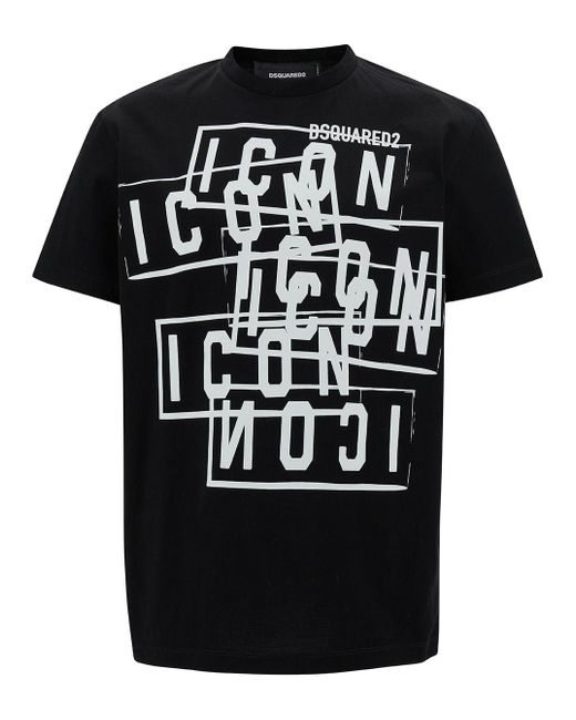 DSquared² Black Crewneck T-Shirt With All-Over Icon Print for men