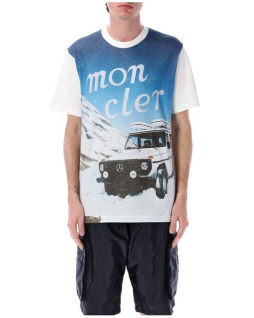 Moncler Genius Blue Crewneck T-Shirt With Logoed Motif And Car Print for men