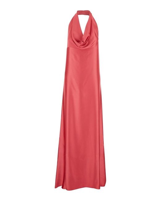 Le Plain Red Long Dress With Halterneck And Open Back