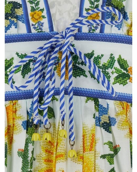 Farm Rio White 'Emily' Long Dress With V-Neck And All-Over Floral