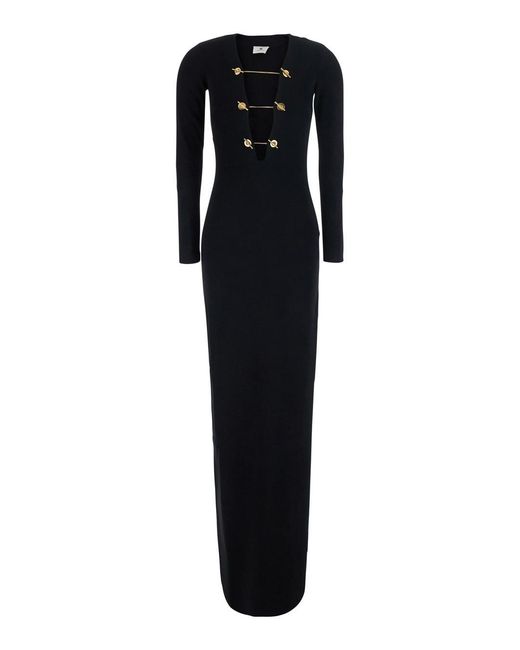 Elisabetta Franchi Black Long Knitted Dress Featuring A V-Neck And Long Slee