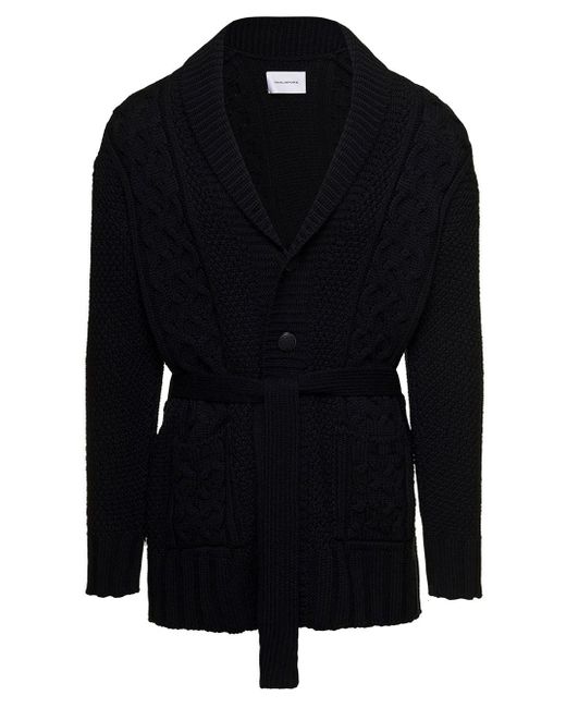 Tagliatore Black Belted Cable Knit Cardigan In Wool Man for men