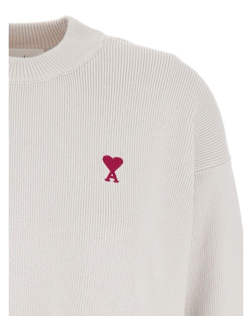 AMI White Crewneck Sweater With Signature Ami De Coeur Logo