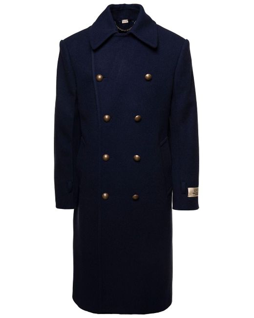 Gucci Blue E Double-breasted Coat With Cities Patch In Felt Wool