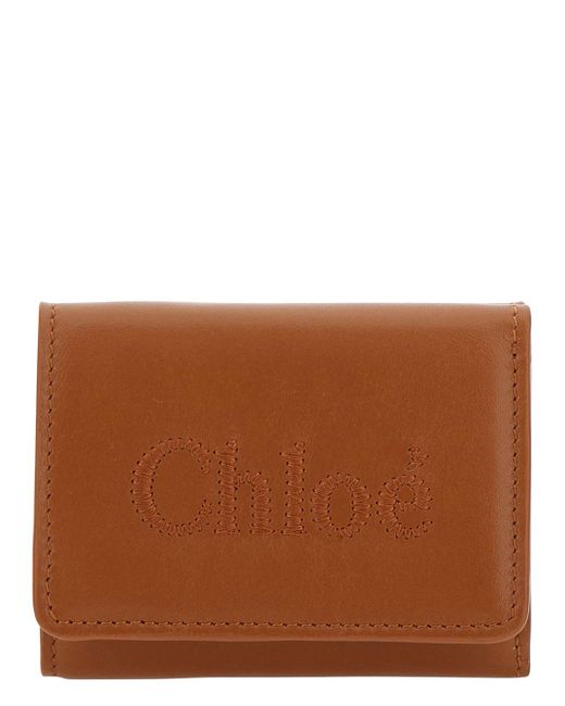 Chloé Brown 'Sense' Bi-Fold Wallet With Tonal Logo Embroidery