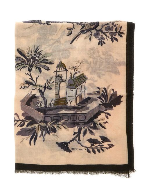 Etro Natural 'Boheme' Scarf With Logo Lettering And All-Over Print