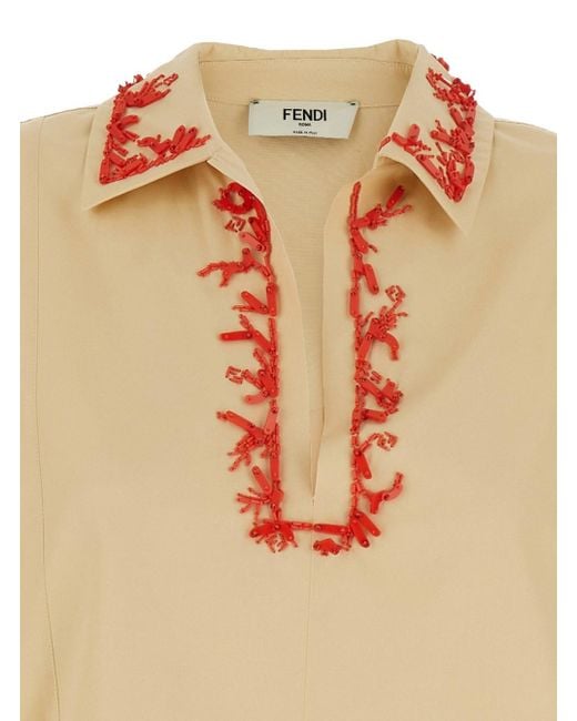 Fendi White Dress With Open Polo Shirt Style Collar And Embroidery On The Collar