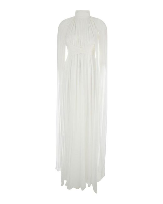 Alberta Ferretti White Long Pleated Dress With Criss-Cross Detail