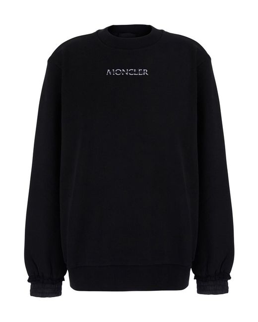 Moncler Black Crewneck Sweatshirt With Logo Lettering And Logo Patch O
