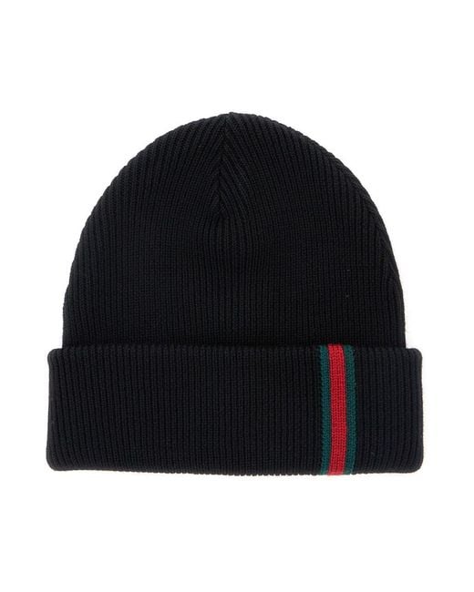 Gucci Black Ribbed Wool Beanie With Web Detail And Cuffed Brim for men
