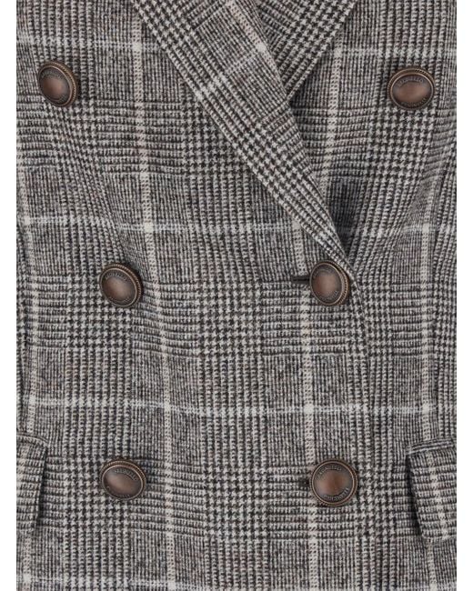 Brunello Cucinelli Gray Double-Breasted Jacket With All-Over Check Motif