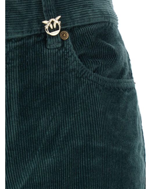 Pinko Blue Green Pants With Plaque On The Front And Logo Patch On The Back In Corduroy Woman