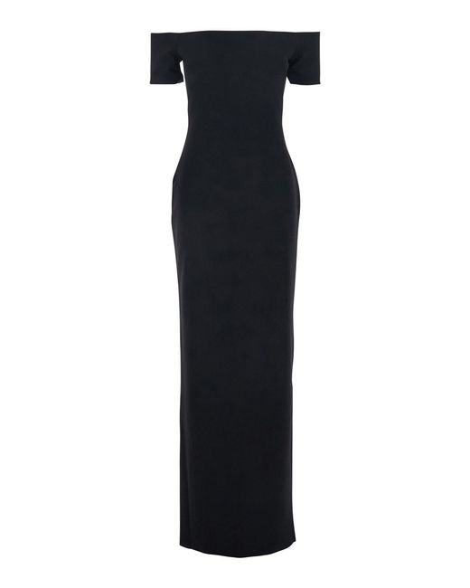 Solace London Black 'Nile' Long Dress With Off-The-Shoulder Design And Back Slit
