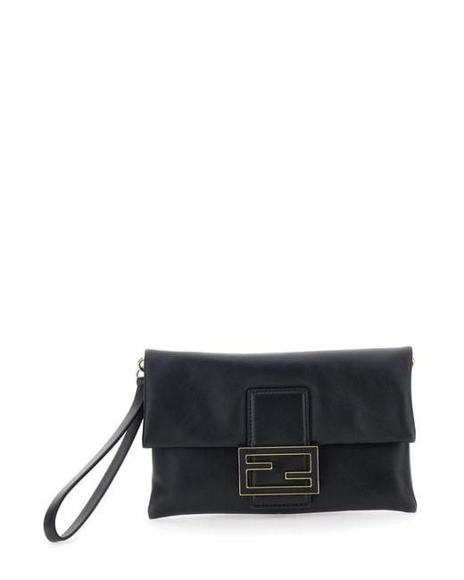 Fendi Black Pouch With Wrist Strap And Ff Plate Closure On The Front I