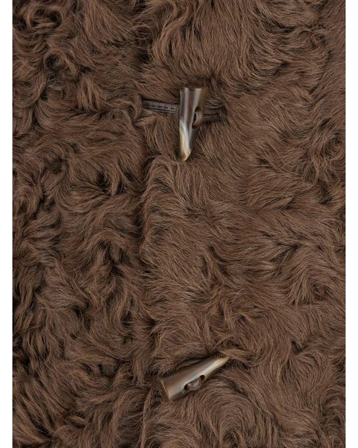 Plain Brown Collarless Fur Jacket With Front Toggle Closure
