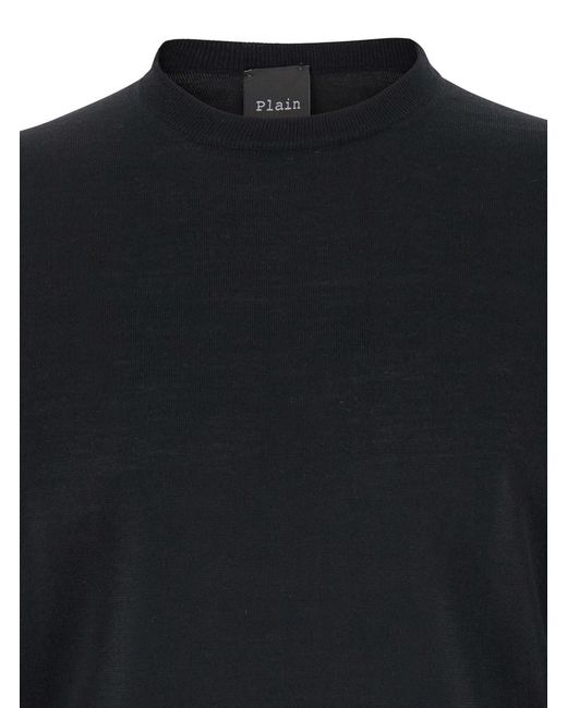Le Plain Black Crew Neck Sweater With Long Sleeves And Ribbed Finishes for men