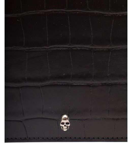 Alexander McQueen Black Bi-fold Wallet With Mini Skull Patch In Croco Embossed Leather for men