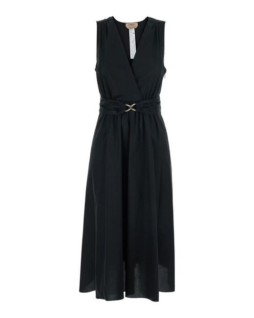 Twinset Black Long Dress Sleeveless With V-Neck And Belt With Metal Bu