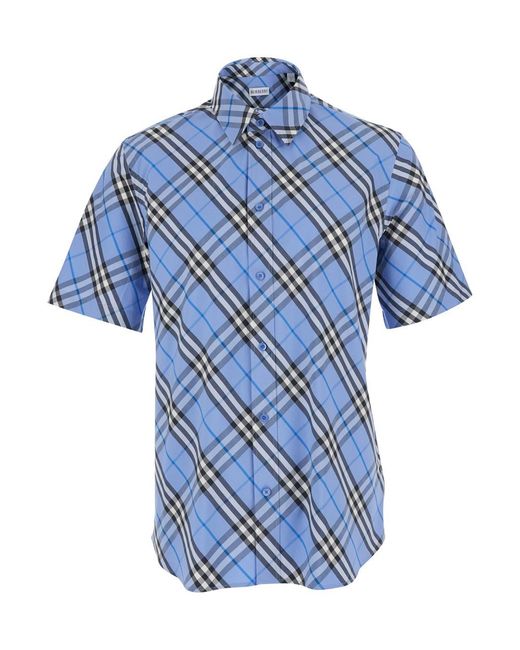 Burberry Blue 'Robert' Shirt With Classic Collar And All-Over Ch for men