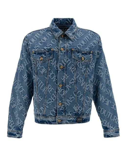 Versace Jeans Light Blue Jacket With Branded Buttons And All-over Logo Print In Stretch Cotton Denim for men