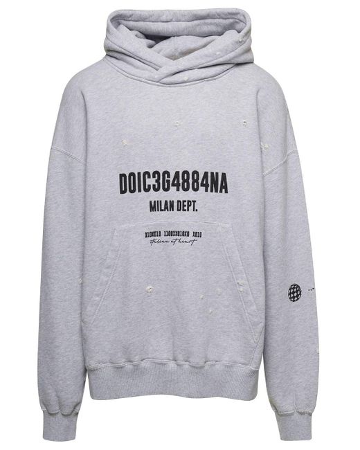 Dolce & Gabbana Gray Oversized Grey Hoodie With Logo Print In Cotton Man for men