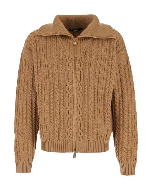 Versace Brown Turtleneck Sweater With Zip Closure And Medusa Head Embroidered On The Back for men