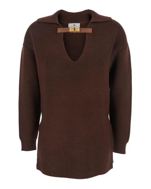 Elisabetta Franchi Brown Sweater With Polo Collar And Buckle Detail