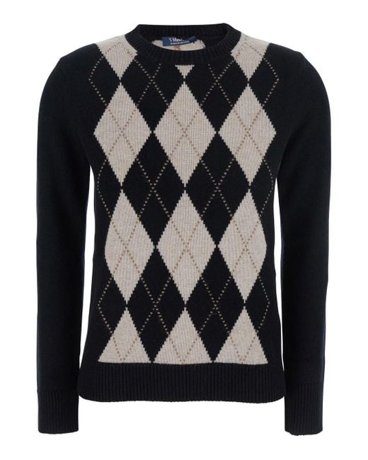 Max Mara Black 'Soprano' Crewneck Sweater With Argyle Motif