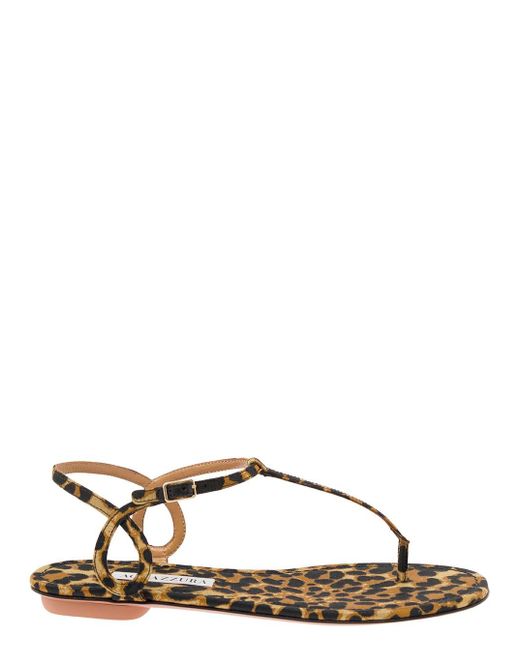 Aquazzura Brown Leopard-printed Flat Thongs Sandals In Leather Blend Woman
