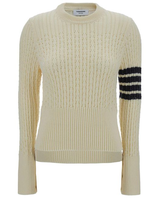 Pullover a maglia con dettaglio 4 bar in lana beige di Thom Browne in Natural
