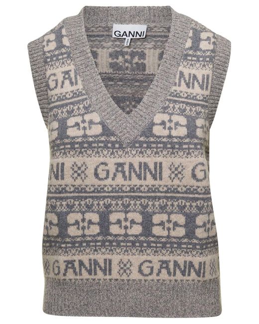 Ganni Gray Vest With Jacquard Logo Motif In Wool Blend
