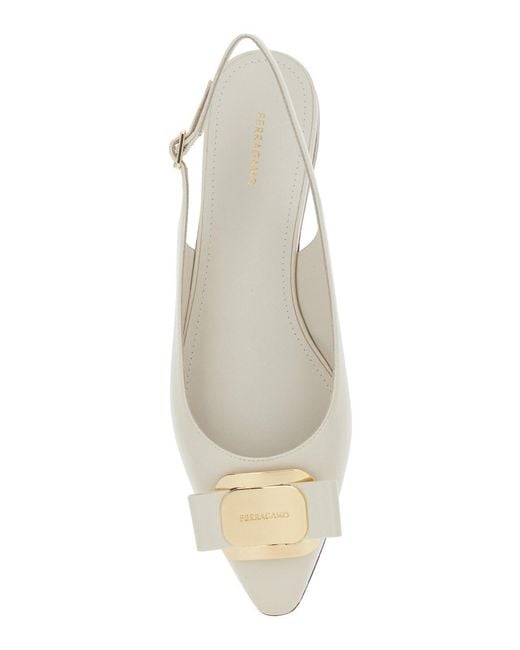 Ferragamo White 'Zelmi' Slingback Ballet Shoes With Logo Plate On The Front