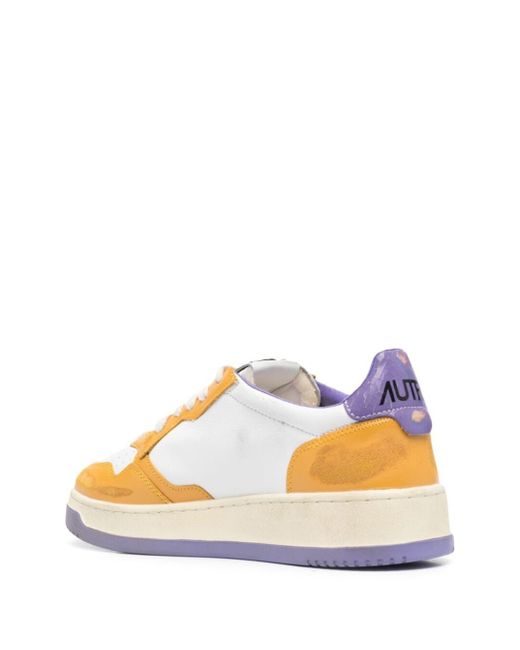 Autry Yellow Color-block And Purple 'medalist' Low Top Sneakers In Cow Leather for men