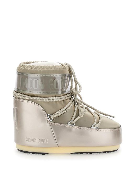 Moon Boot Natural 'Icon' Metallic Snow Ankle Boots With Maxi Logo Print On The Side