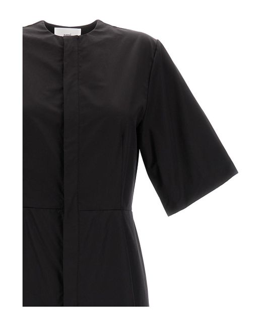 AMI Black Midi Dress With Short Sleeves And Hidden Tab