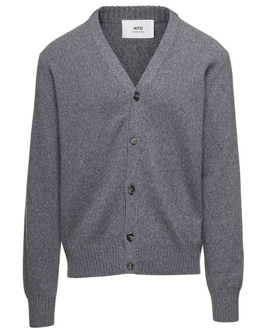 AMI Gray Cashmere And Wool Cardigan for men